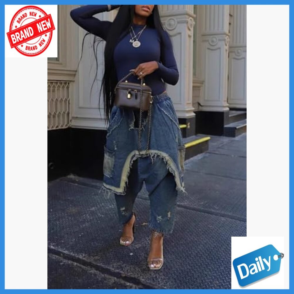 Patchwork Ripped Denim Harem Pants Elastic Waist … - image 4